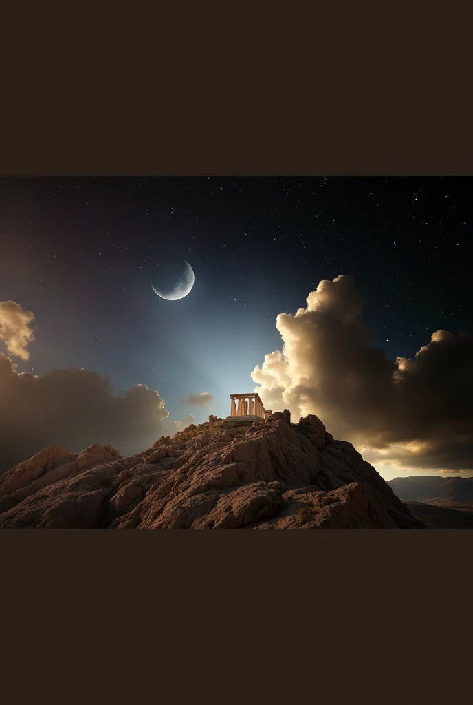 Night sky background with mountain surrounded by clouds with a Ancient Greek building with it