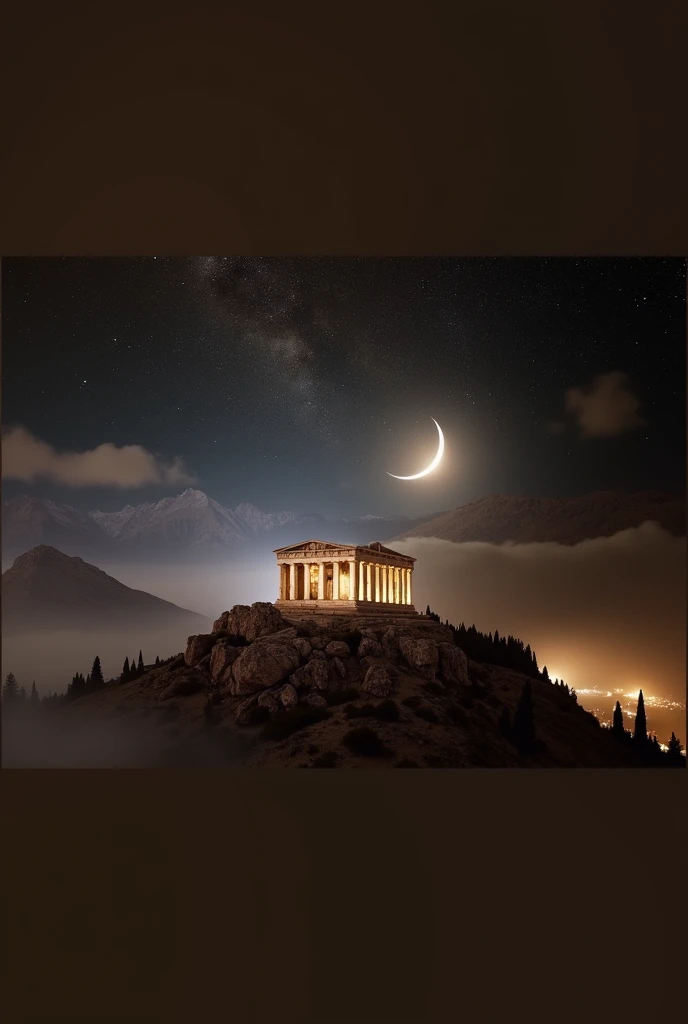 Night sky background with mountain surrounded by clouds with a Ancient Greek building with it