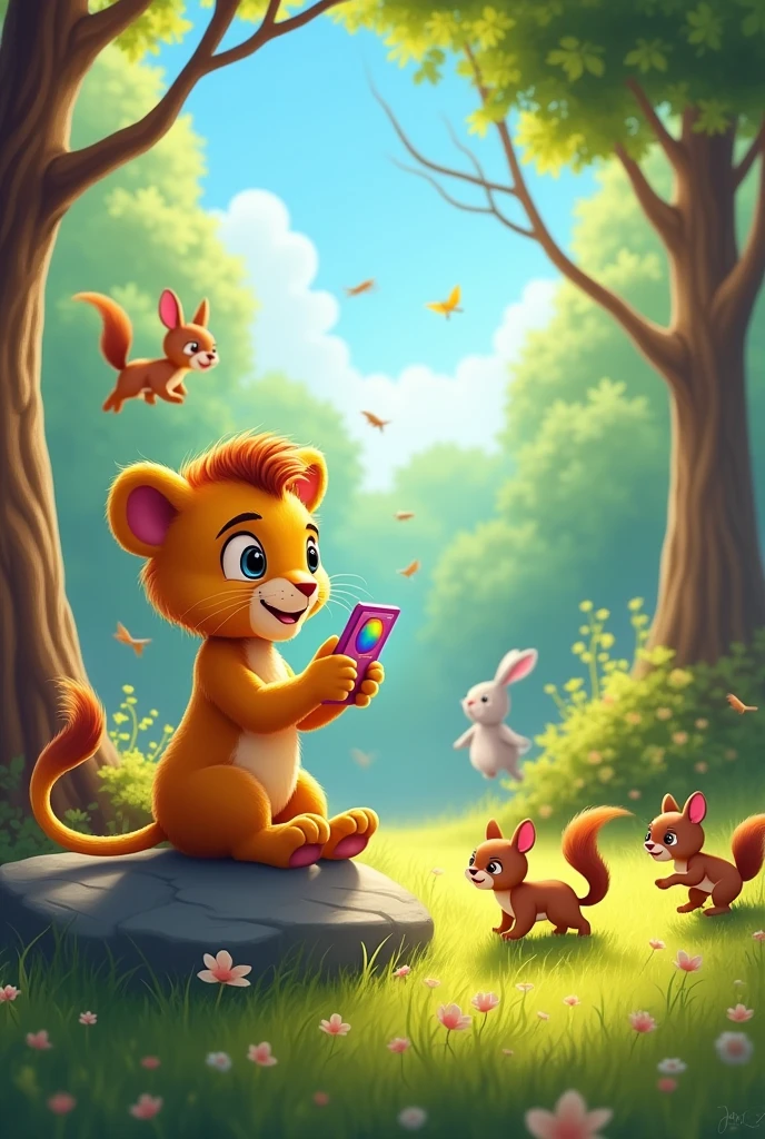 A little lion on his cell phone while there are several other little animals playing 