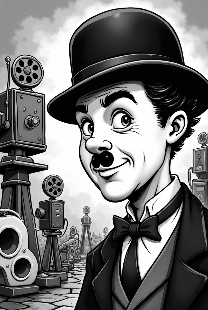 A black and white comic style vignette of Charles Chaplin in close-up making silent films