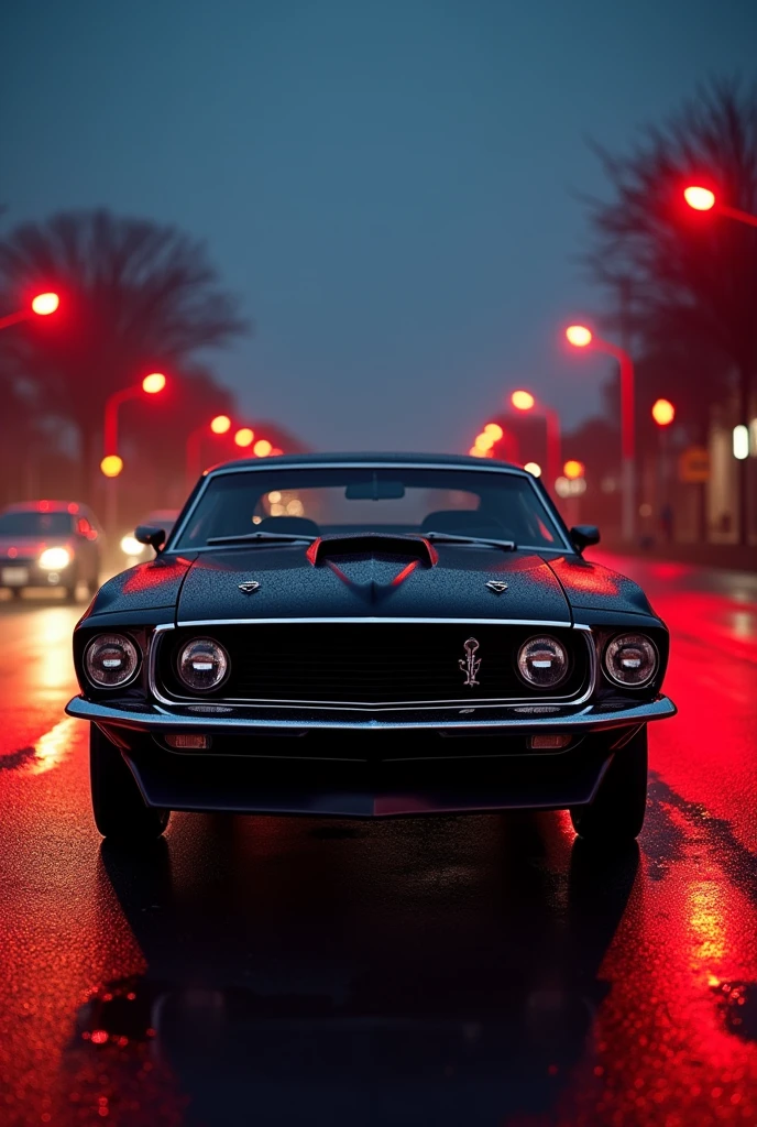 Black Ford 1969 with sweating on black street with red lights evening time Quality cinematic 4k