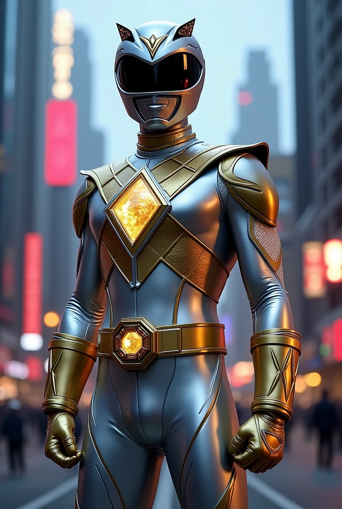 tall person in
silver powerranger suit with a gold diamond pattern . a hexagon belt buckel with gold gem a silver helmet no extra on belt no white lines on gloves. gold gloves