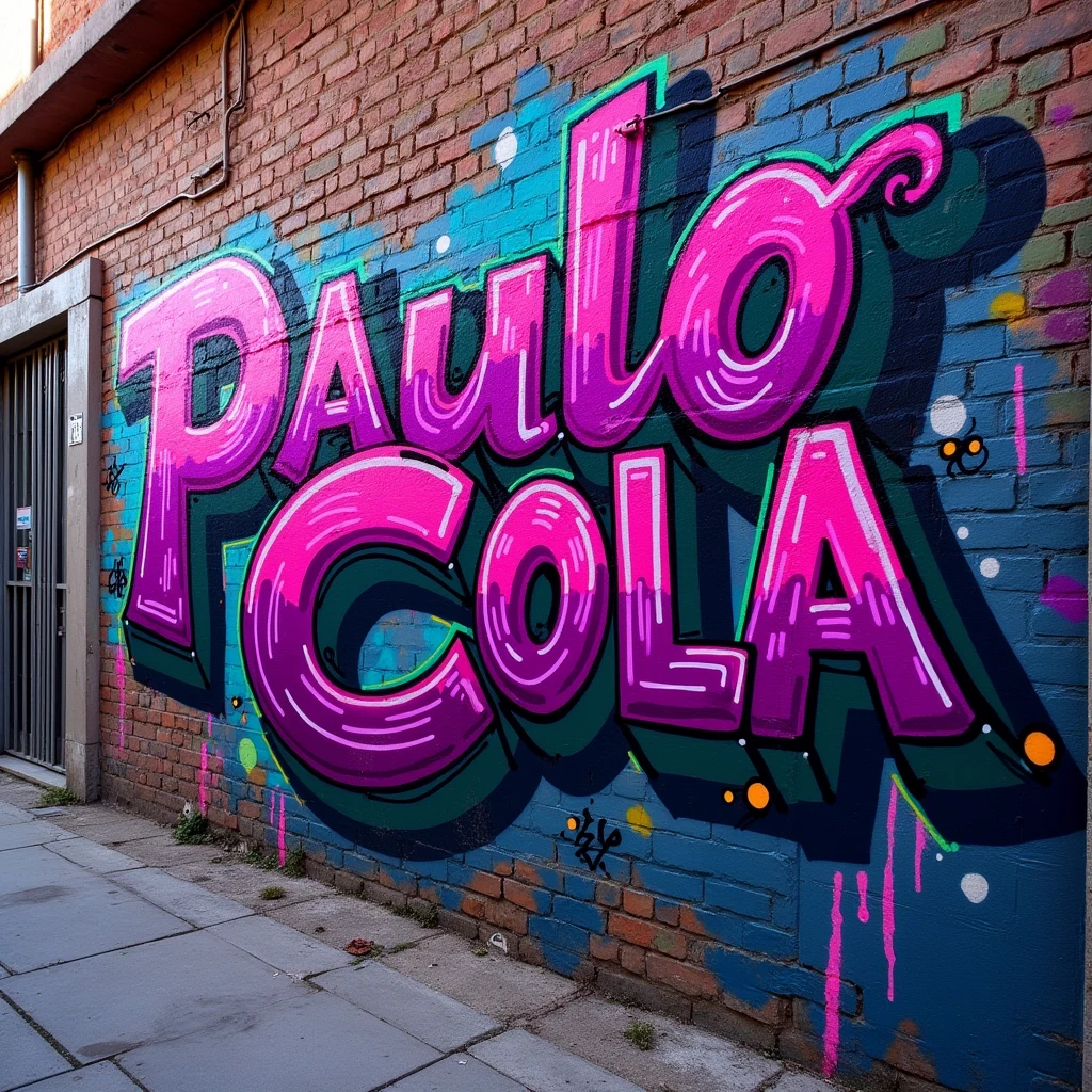 Create an image with the name “Paulo Cola” and the number “23” draw on a wall, draw a sign for a city called “Piuma”. Graffiti style. Fluorescent colors, with purple as the main color theme.