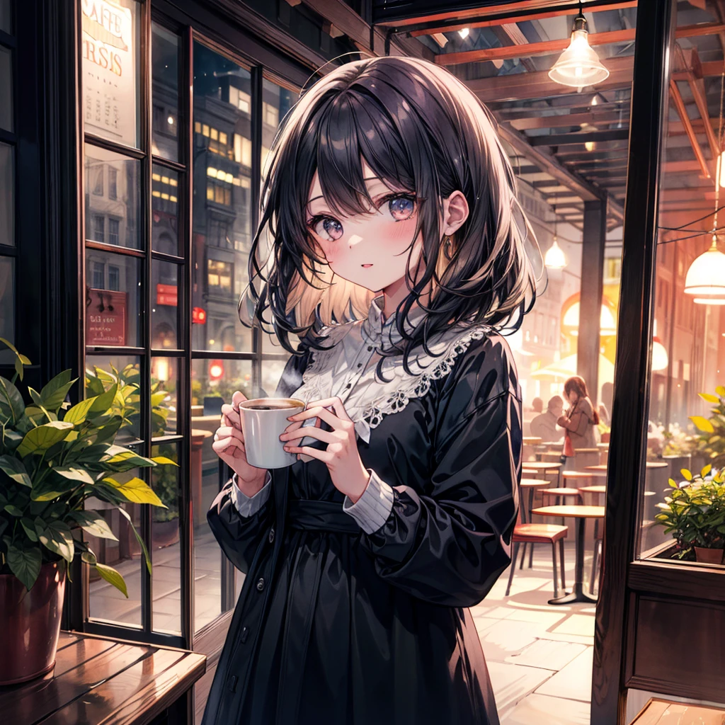 ((Highest quality)), ((masterpiece)), (detailed), 1girl, Cafe, night, Warm Light, watercolor, blurry background
