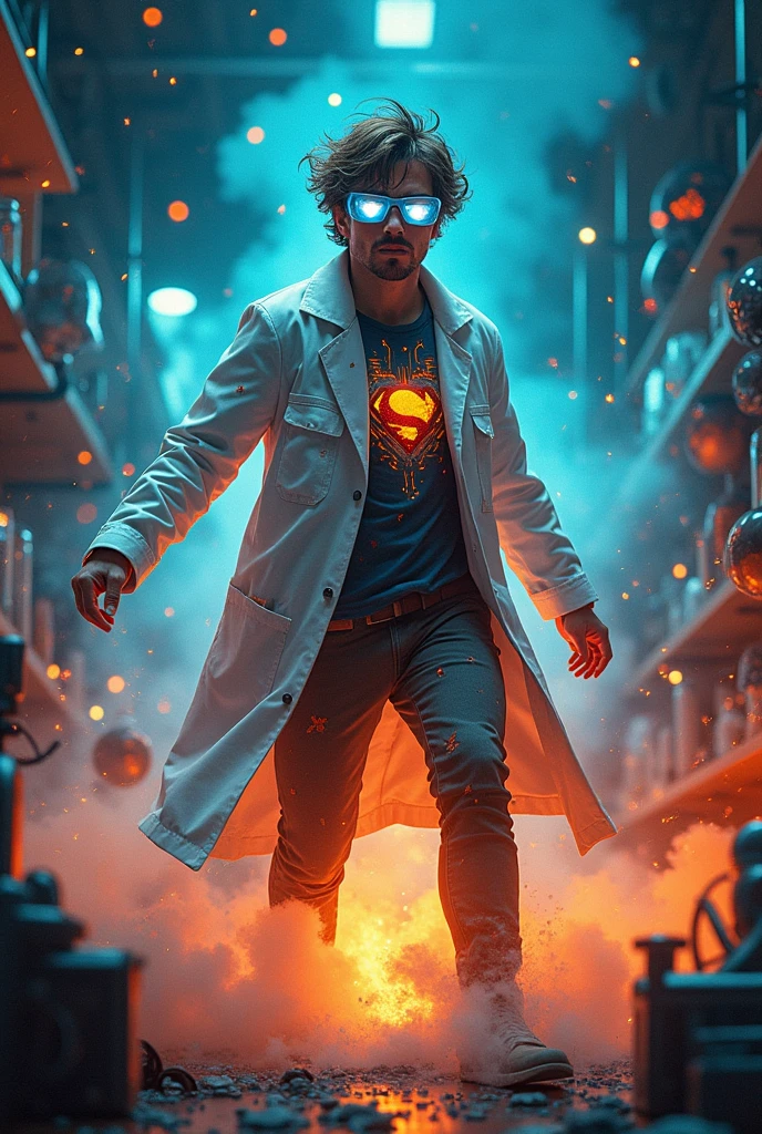 Give me a comic book about a scientist in a lab who explodes and becomes a superhero