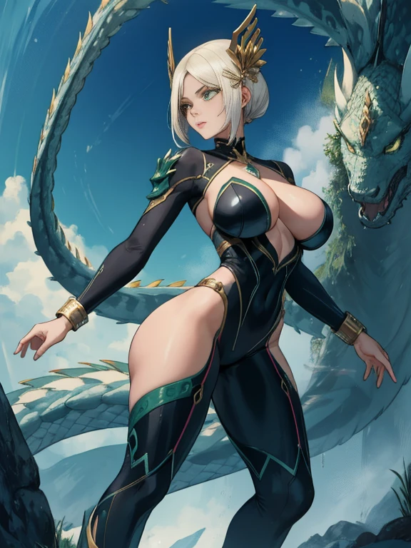 The woman in the image has a unique and unusual appearance, with a long body and a slender figure that seems designed for speed and agility. Her legs are slender and muscular, tapering to a point at the ankles, while her long, delicate arms end in graceful hands. Her torso is narrow and flexible, allowing for a wide range of movement. Her face is large and rounded, with a small, pointed nose and expressive eyes that convey emotion. She is wearing a tight-fitting green outfit that fits her slender body, complemented by a large helmet that may be both functional and stylistic. The metallic exoskeleton carries her on her back. This symbiotic relationship between the woman and the dragon suggests a harmonious collaboration as they navigate the environment together. The woman's breasts are notably large, measuring 115.5 cm in diameter, adding to her impressive presence in the image. The combination of the dragon's agile strength with the woman's modern aesthetic creates a fascinating visual moment of mutual cooperation as they traverse the landscape together.