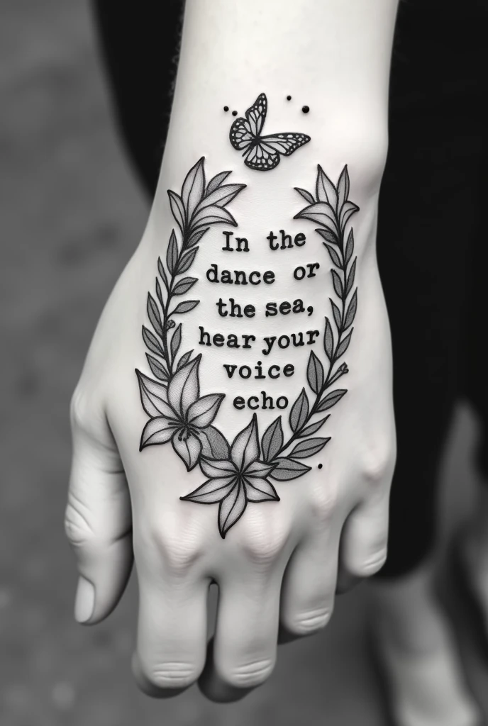 create a classic and delicate style tattoo in black and white with the phrase "In the dance of the sea, I hear your voice echo" no meio de lily flowers
fonte da letra: typewriter and with little space between the words tattoo location: hand tattoo props: lily flowers, olive branches and two small butterflies