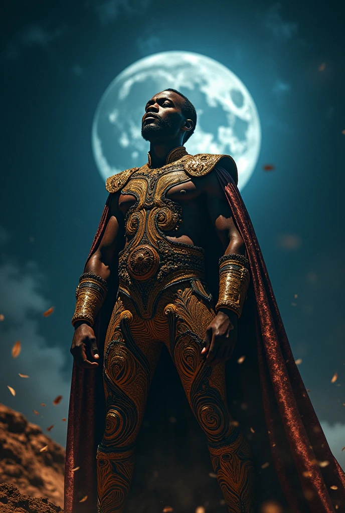 African male in Royal garment with sound manipulation powers. Using a scream
At night to destroy a car