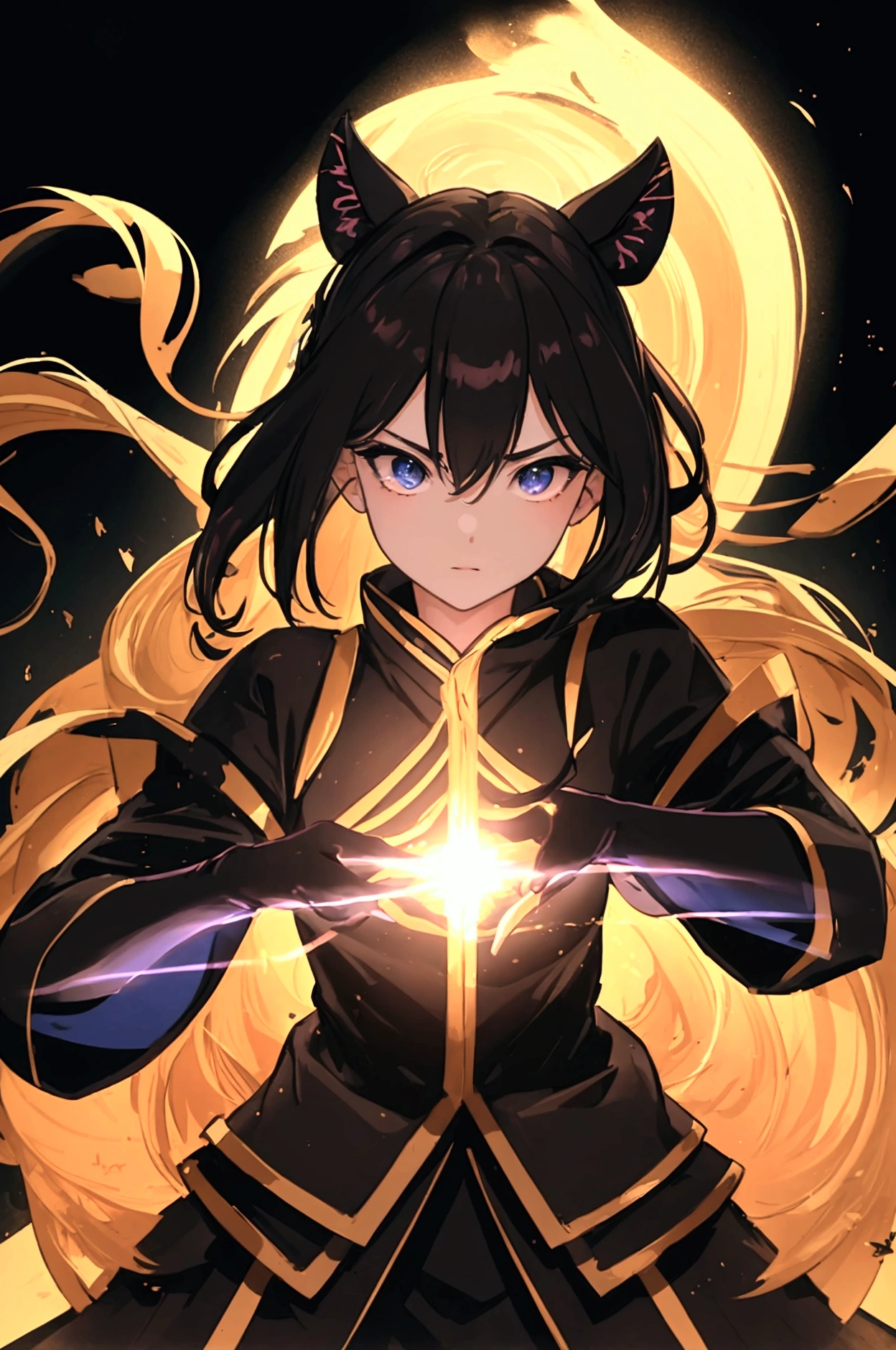 (Highest quality,8k,High resolution, masterpiece:1.2),(Silhouette Art), Very detailed, High resolution, 超High resolution, Studio Lighting, Ultra-fine painting, Sharp focus, Physically Based Rendering, Very detailed説明, Professional, Vibrant colors, Bokeh, Portraiture, Concept Artist, Warm color palette, Dramatic Lighting, Female ninja,Huge Energy,Bursting Light, Ninjutsu, floating, Create darkness, The light is very bright, Darkness surrounds her