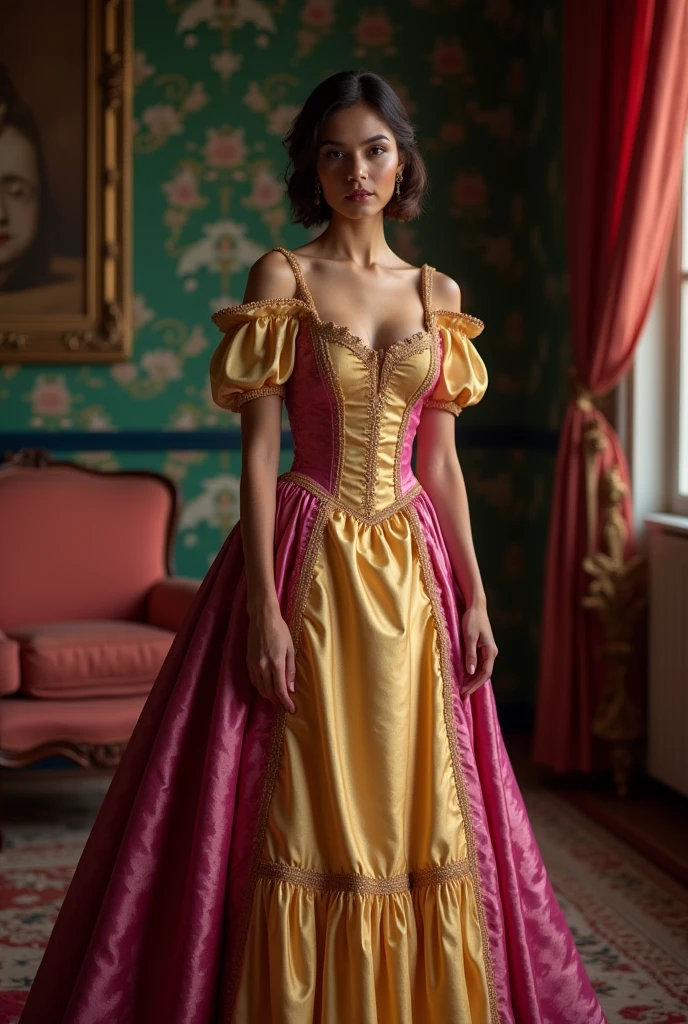 Beautiful latina woman perfect body short brunette hair,  dressed in elegant victorian era 19th century American colorful conservative formal studio lighting,  beautiful background 