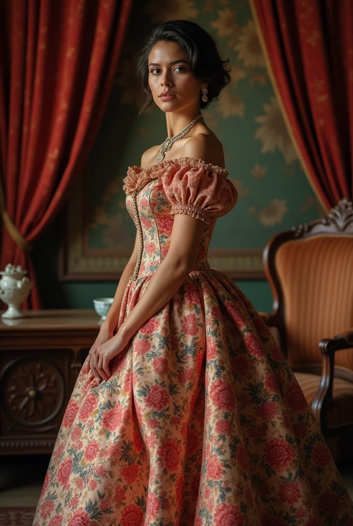 Beautiful latina woman perfect body short brunette hair, dressed in elegant victorian era 19th century American colorful conservative formal studio lighting, beautiful background