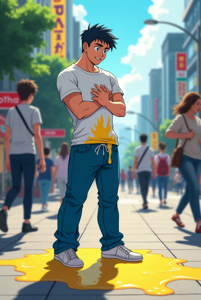 In the morning city, a slender and mascular young man in his blue pants is peeing himself. He couldn't hold his pee. He is holding his crotch to stop peeing but his pee is leaking out from his pants, and it is making a pee puddle at his feet. white t-shirt, his pants around his crotch gets wet and the colour becomes darker because of his pee. He looks embarrassed. Anime.