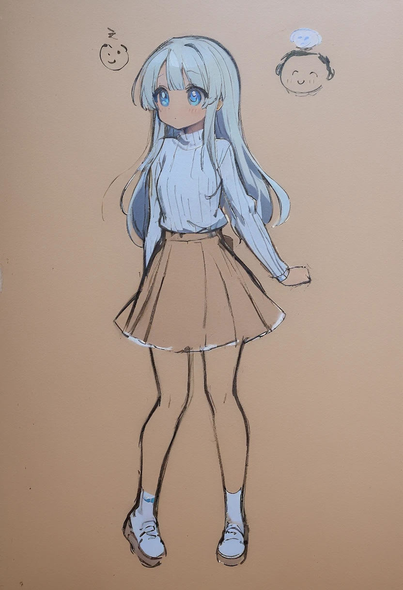 estilo de desenho animado:1.2),, cute face, big eyes, ,,(((( light blue long hair)))), affectionate smile, (true beautiful:1.2),,(tiny 1girl model:1.2),)(flat chest),,beautiful detailed eyes,blunt bangs((((little delicate girl)))),, 1 girl ,(((( light blue long hair)))), ((highest quality)), ((masterpiece)), (be familiar with), perfect face、girl、pencil、anime style、Flaxen Turtleneck Sweater、skirt、whole body、draft、monochrome、rough、、 doodle drawing. (Pencil_Sketch, messy lines, , traditional media, sketch), 1girl, solo, long hair, simple background, upper body, looking up、Line art 、(character design sheet, same character, front, side, back),cute girl, different angles, character sheet, illustration, expressions, line art、2 d anime style, anime moe art style, cute art style, Anime-style illustration, anime girl, in Pixiv, pixiv style, pixiv, in anime style, anime art style, Full Body Commission, 1girl, ctcas, Cowboy shot, Character Reference Sheet, The same character, full bodyesbian, Full of Details,(Character Sheet:1.2),full - body