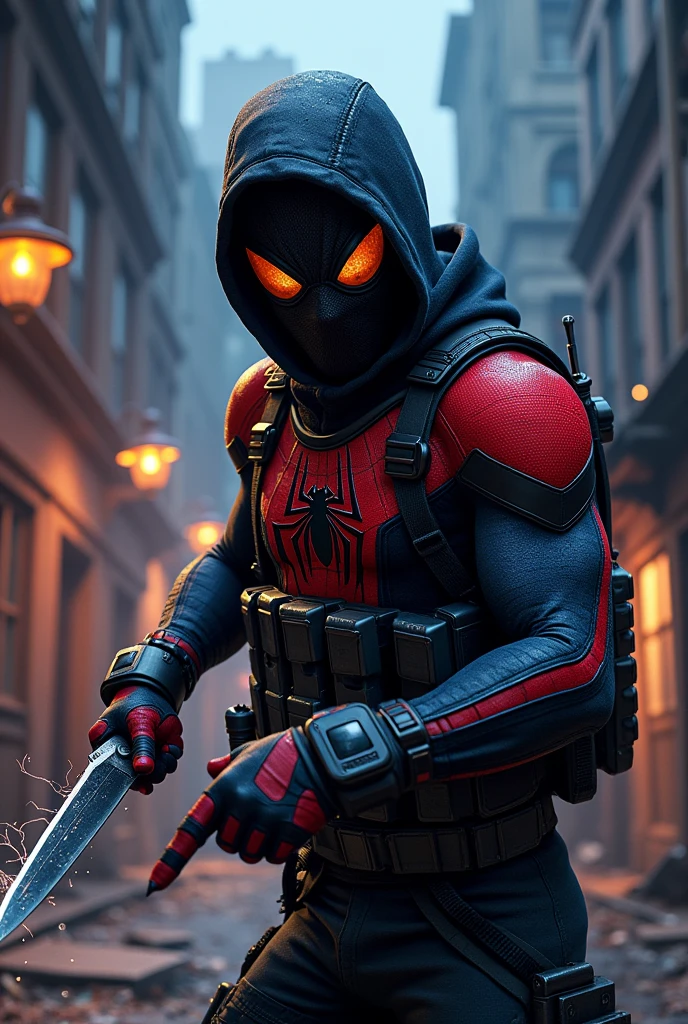 Spiderman as a call of duty operator holding a knife in one hand and slinging electric spider webs from one wrist