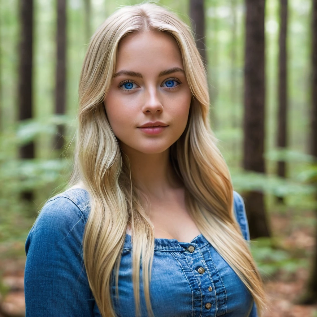 "A photorealistic picture of a 25-year-old American girl with long, medium size breast, medium size ass, tiny attractive nose, flowing blonde hair and blue eyes with wearing typical outfit. She should have a natural, approachable expression and be illuminated by soft.Instagram photo. She is in the forest, her hands are not captured in the photo, Capture this image with a high-resolution photograph., She is looking directly in the camera
