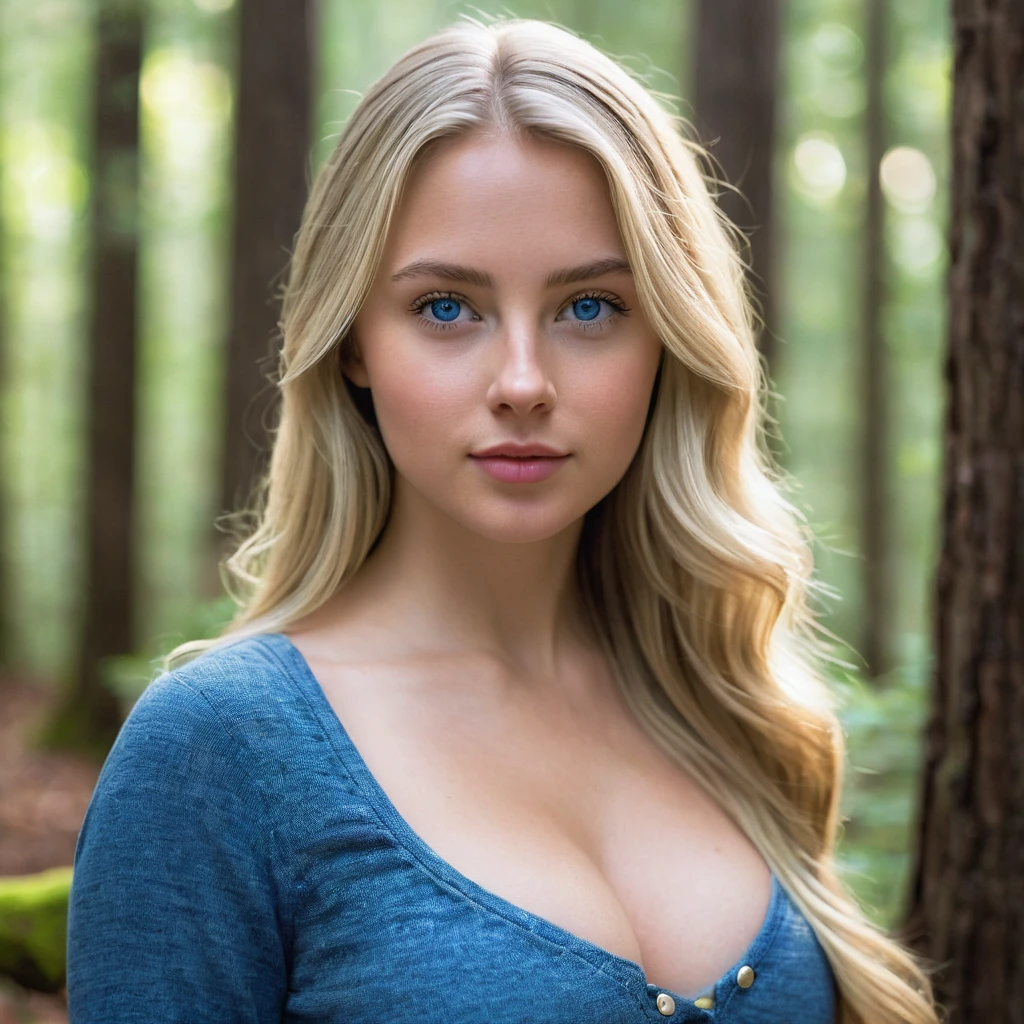 "A photorealistic picture of a 25-year-old American girl with long, medium size breast, medium size ass, tiny attractive nose, flowing blonde hair and blue eyes with wearing typical outfit. She should have a natural, approachable expression and be illuminated by soft.Instagram photo. She is in the forest, her hands are not captured in the photo, Capture this image with a high-resolution photograph., She is looking directly in the camera
