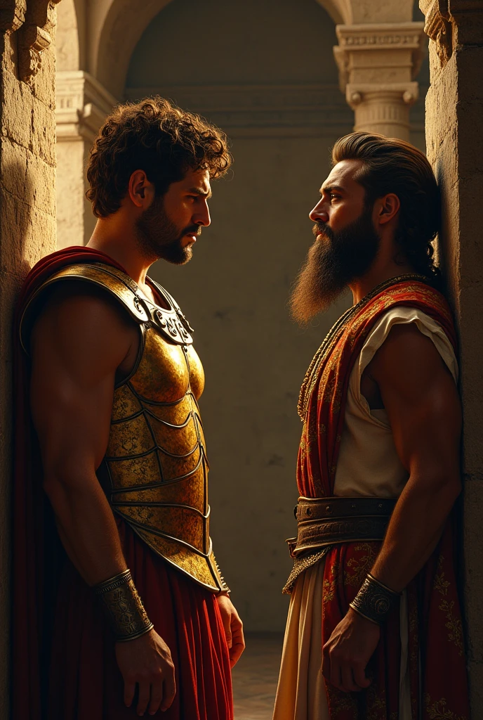 Achilles leaning by a wall and talking to the Priam