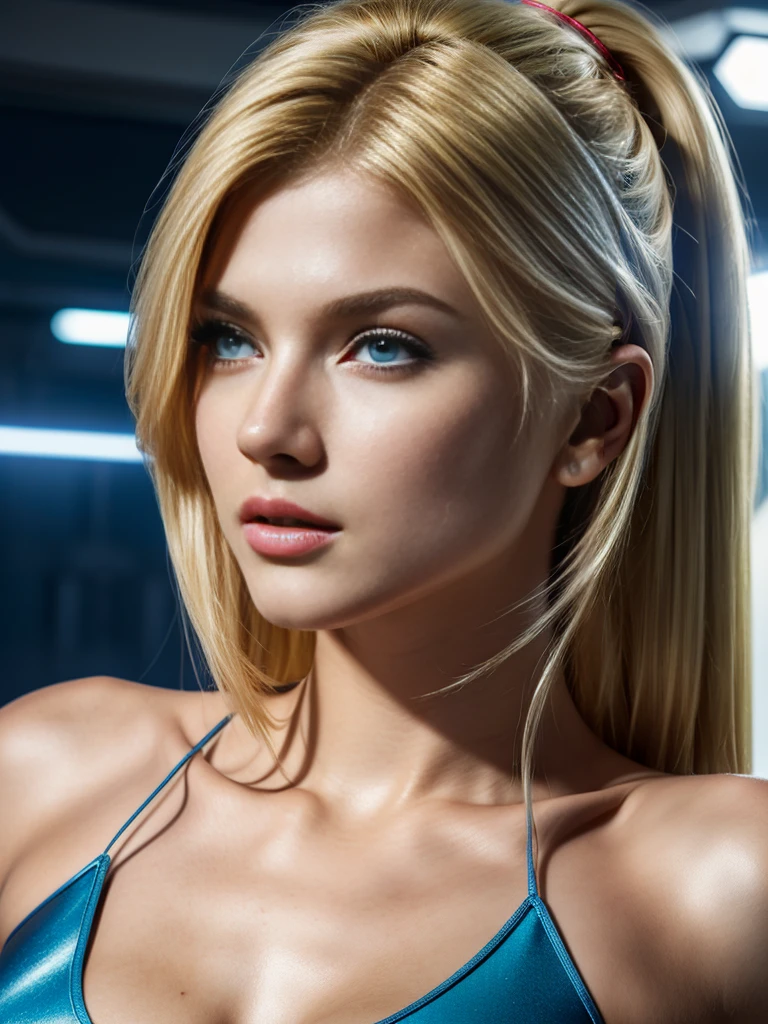 Samus Aran, hair blonde, blue colored eyes, (best qualityer, ultra detali), (realisitic:1.37), beautiful and detailed face, ultra-realisitic texture, 精致的面容, Delicate body, red lipgloss stick, long-lasting colors. High definition, 8k.