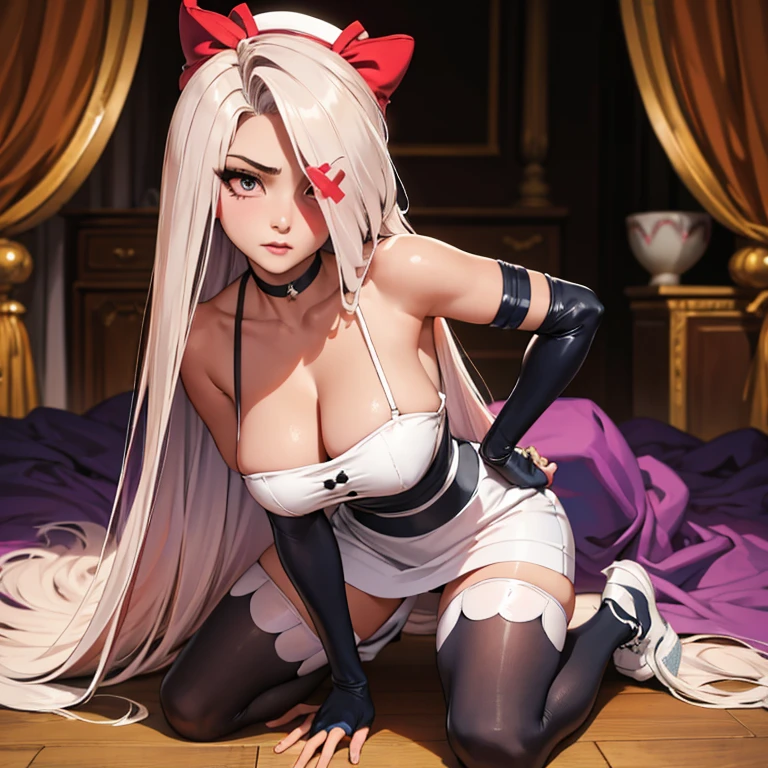 kneeling on bed doggy style, invite for sex(masterpiece, best quality:1.4), absurdres, highres, ultra detailed, beautiful, (secretary), (perfect face, detailed face, beautiful:1.3),(natural breasts, cleavage), collarbone, fingerless gloves, gloves,spaghetti strap top, black pencil skirt, tight, over the knee skirt, hat, elegant secretary outfit, thighhighs, thick thighs, thighs, multiple belts, More detailed 8K.motor irreal:1.4,UHD,La mejor calidad:1.4, fotorrealista:1.4, textura de la piel:1.4, obra maestra:1.8,obra-prima, mejor calidad,objeto Objeto], (detailed face features:1.3),(manos detailed)