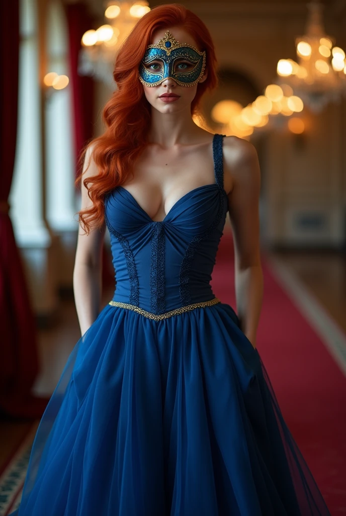 Redhead woman in long blue dress and mask, full body from the front