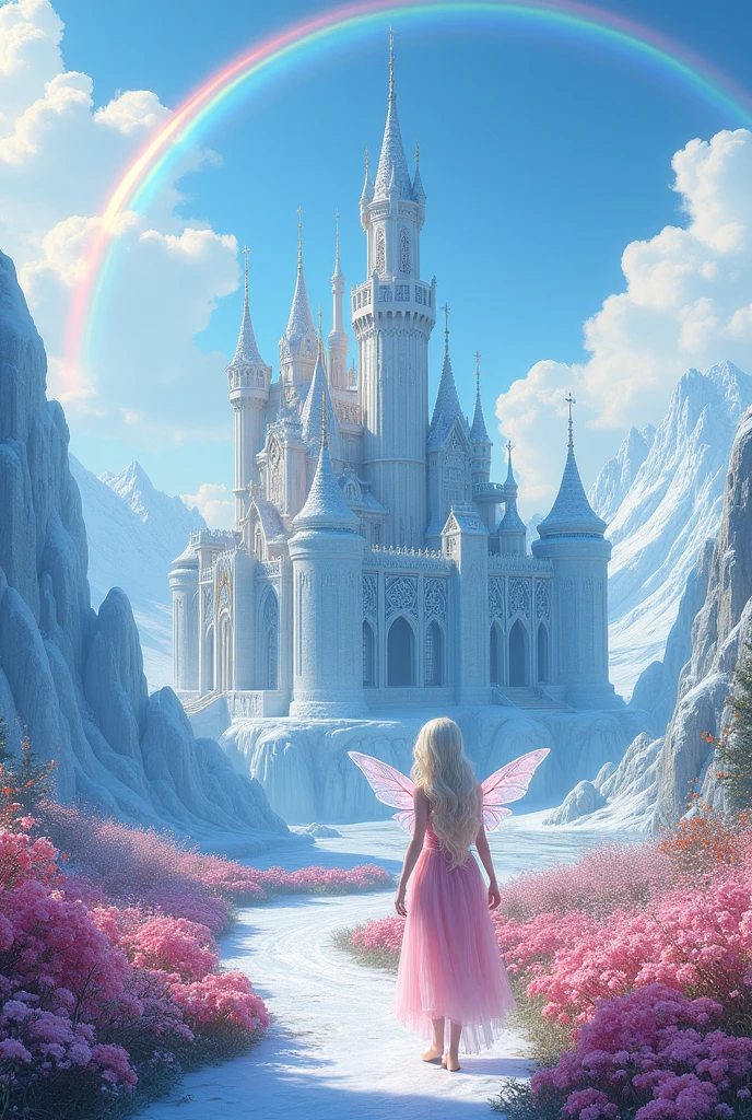 There is a castle in the ice land surrounded by ice mountains, the castle is beautifully decorated,in front of the castle there are flower garden between the garders there is a road of flower leads to the castle,the sky is clear with white clouds and a rainbow, a young adult fairy is standing wearing a light pink dress with pure diamond colour long hair, focus the castle, picture is taken from the front