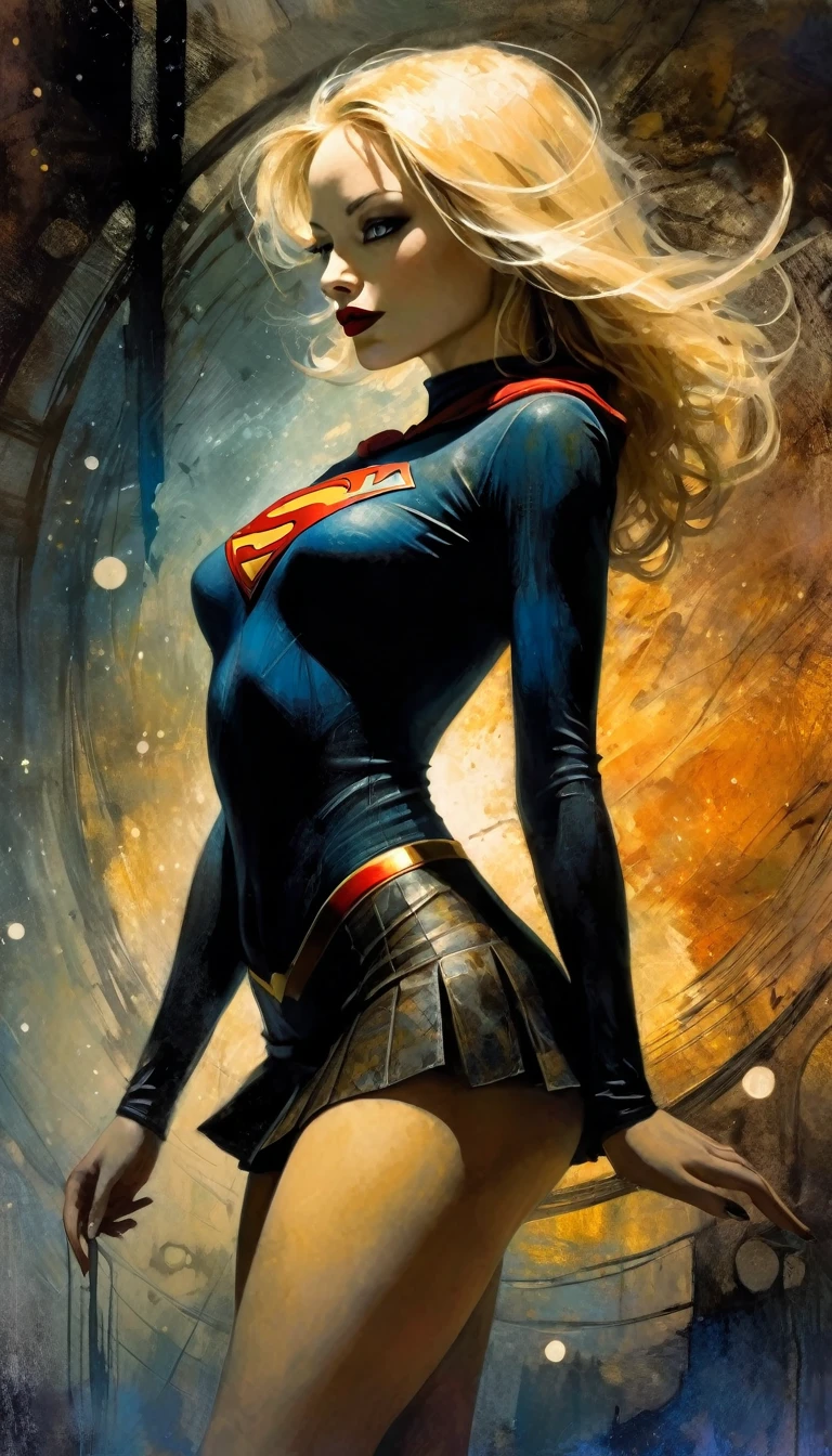 (Supergirl amazingly flies through outer space), miniskirt, full suit, perfect ass,  galaxies all around you. dynamic pose ((she has blonde hair, she has long hair)), perfect ass (best quality, 4k, 8k, high resolution, masterpiece: 1.2)eroticism, sexy, black and white image, between shadows, oil painting, chiaroscuro, sensual, dramatic lighting, moody atmosphere, photorealistic, intricate details, masterpiece, ultra-detailed, high quality, 8k, best quality, realistic, cinematic, dark and brooding, expressionistic, powerful composition, emotional impact, art inspired by Bill Sienkiewicz and Dave McKean, ultra detailed, (realistic, photorealistic, photorealistic: 1.37), intricate details, vivid colors, sharp focus, professional, artwork by Dave McKean, surrealism touch oil, oil painting style, portrait, woman, beautiful detailed eyes, beautiful detailed lips, dreamy atmosphere, shadow play, soft lighting, fun pose, dark tones, ethereal background, fantasy elements, texture, layered composition ,, art inspired by Bill Sienkiewicz and Dave McKean
