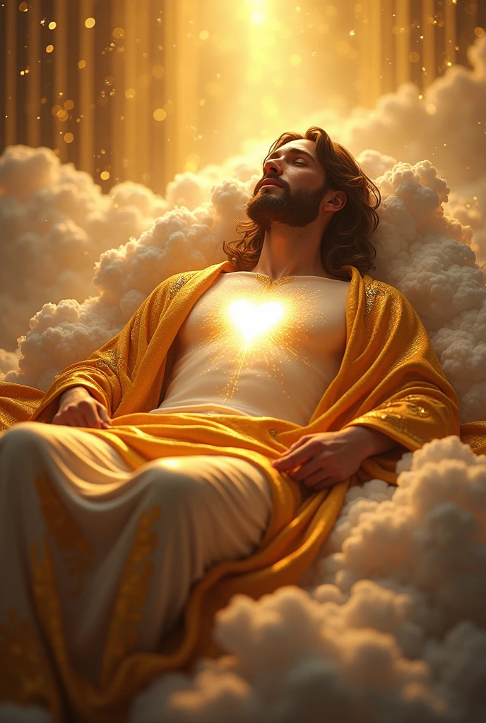 Jesus on his back with a heart of glory and shine with surreal brightness  , with a mantle of glory of pure velvet with the kingdom of heaven in glorious and transparent gold 

