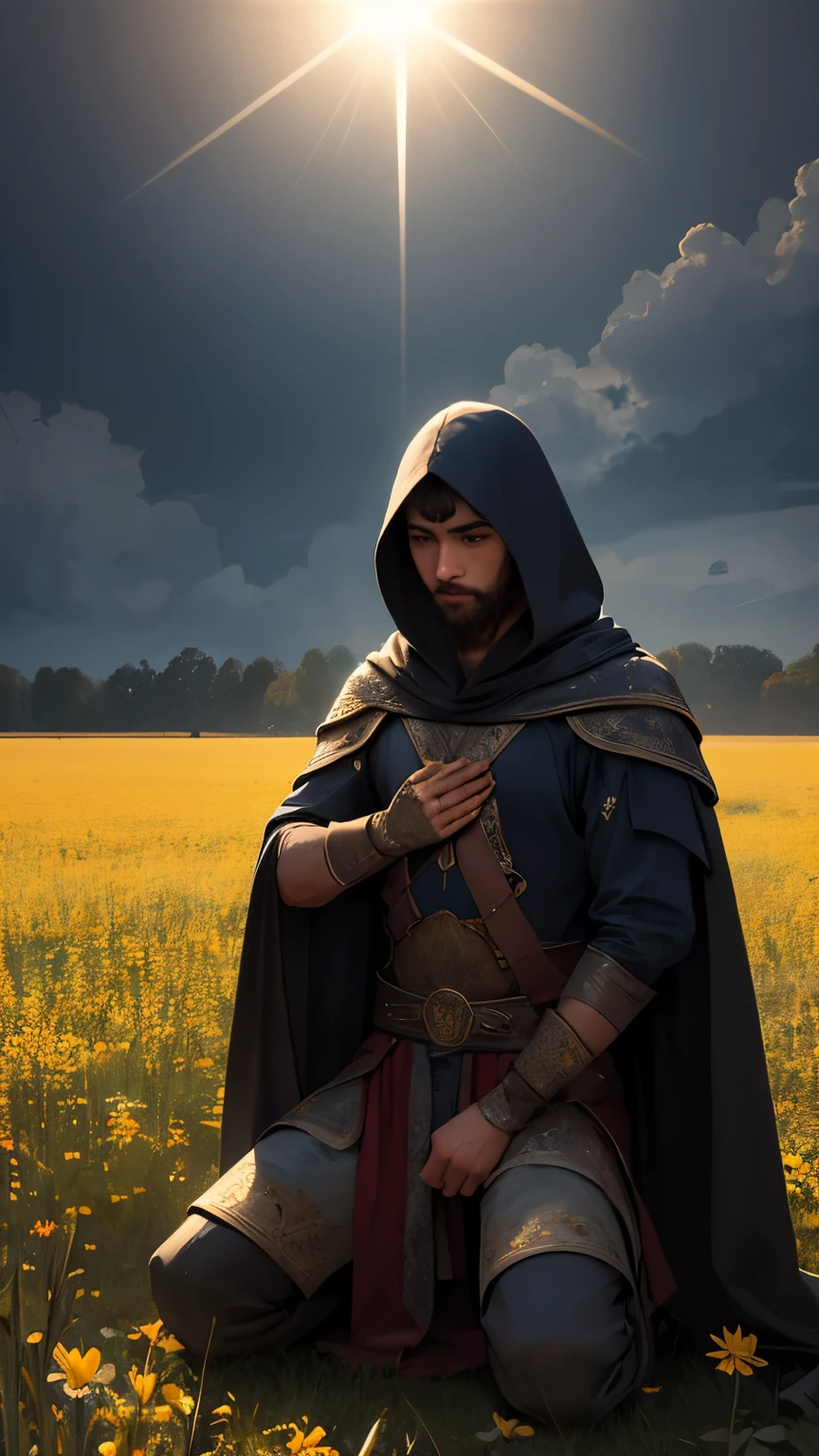 A warrior wearing a cloak kneeling in a position of reverence and prayer, in a field with a dark sky and a divine light illuminating the warrior