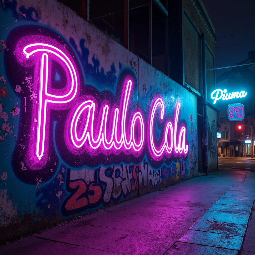 Create an image with the name “Paulo Cola” AND the number “23” draw on a wall, AND draw a sign for a city called “Piuma”. Graffiti style. Fluorescent colors, with purple as the main color theme.