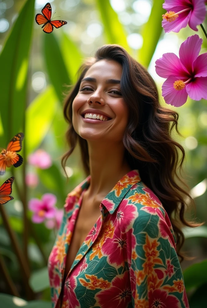 A Brazilian woman in a lush tropical garden, wearing an open shirt with a floral print, with a close-up capturing the harmonious beauty between her breasts and the natural flowers, showing off your natural charm and outgoing personality.