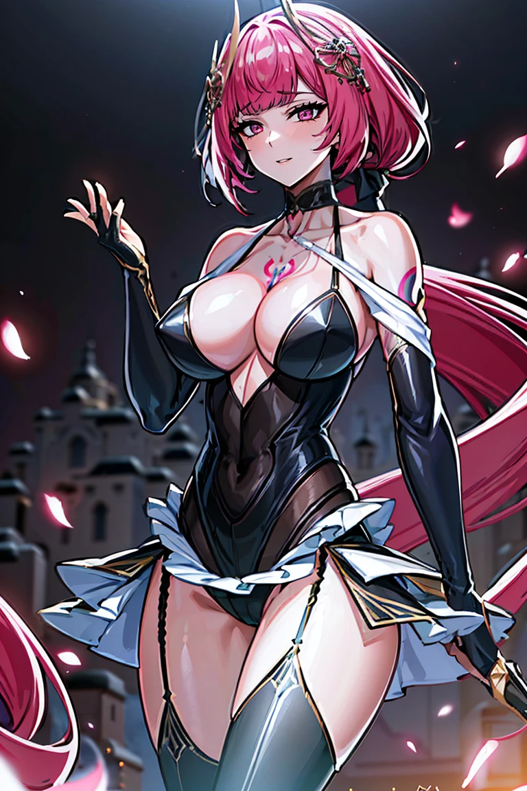 Smooth and Flawless Skin, Expressive and Captivating Eyes, Well-Defined Facial Features, Radiant and Healthy Glow, Perfectly Proportioned Face, Graceful and Symmetrical Features, Fine Details and Realistic Texture, cute face, absurdres, vivid color, beautiful portrait of cute anime girls, anime best girl, anime screencap, anime style, finely detailed, insanely detailed, exquisite, fantastic, amazing quality, top quality, professional quality, high quality, finely quality, official art, production art, super detailed skin, clear eyes, light eyes, light image, gleaming skin, oil skin, shiny skin, accurate face parts, cinematic, extremely detailed beautiful face and eyes, fair skin, 16k, 32k, 16k portrait, 32k portrait, masterpiece, Highest quality, ultra Detailed beautiful face and eyes, Detailed eyes, High resolution, beautiful, super fine illustration, extremely detailed unity cg 8k wallpaper, fearless face, perfect eyes, deep detailed eyes, perfect face, low ponytail, pink hair, hair ornament, pink eyes, leotard, zipper, white showgirl skirt, bare shoulder, thighighs, thigh high boots, bare thighs, cleavage, cleavage cutout, adult face, elbow gloves, garter belt, garter straps, (((collarbone tattoo, chest tattoo))), hair between eyes, evil grin, perfect hands, perfect fingers, five finger, four finger and one thumb, skin tight, straight bangs, beautiful hair, very long skirt, perfect anatomy, perfect female body, perfect proportion, fingerless gloves, bare fingers gloves, extremely ultra detailed beautiful hands and fingers, one back hair, perfect hair, cowboy shot, long low ponytail, one connected low ponytail, chest cloth, full face blush, perfect hair,