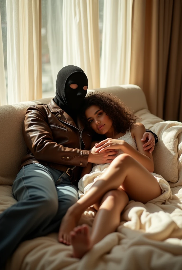 completely hidden face misterious white arabic woman wearing 2 eye holes black ski mask covering mouth and nose, without hair, brown biker leather jacket, wide leg denim pants, lying and hugging a woman in short dress on bed, barefoot, sunny day