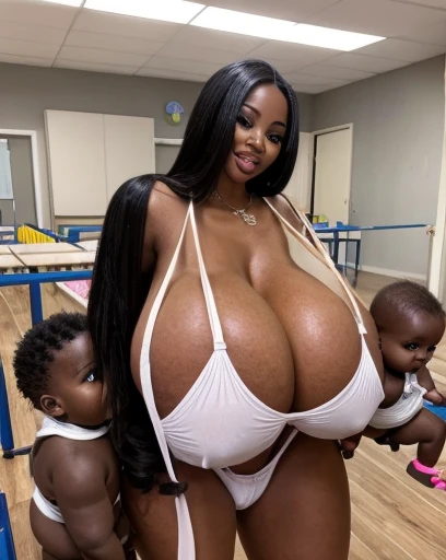 Big ass white bimbo in sexy thong in daycare with black African newborn babies, The babies are very small and Bimbo is huge, African newborn babies very small
