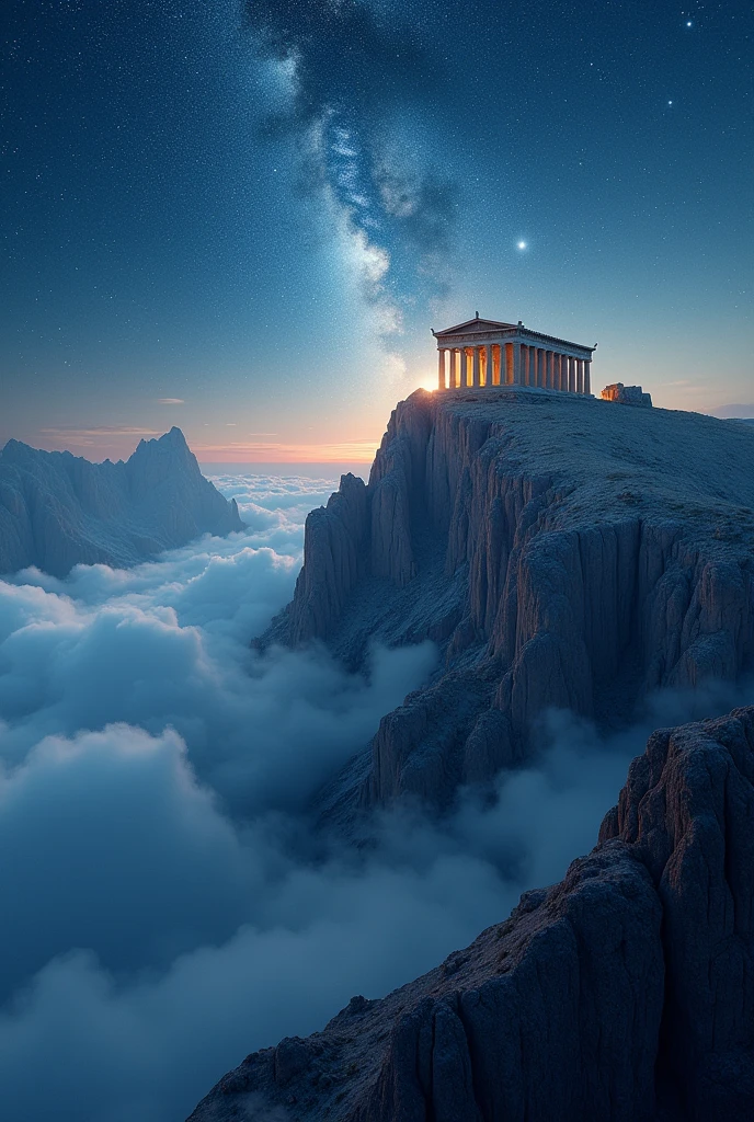 Night sky background with Mountain surrounded by clouds with Ancient Greek building on top