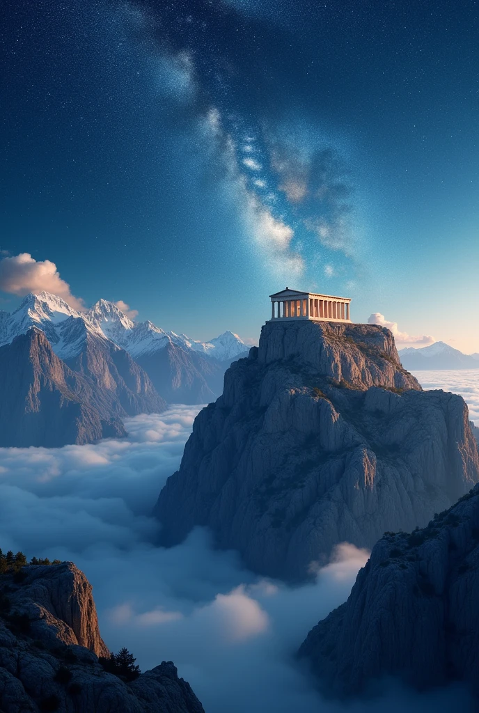 Night sky background with Mountain surrounded by clouds with Ancient Greek building on top 