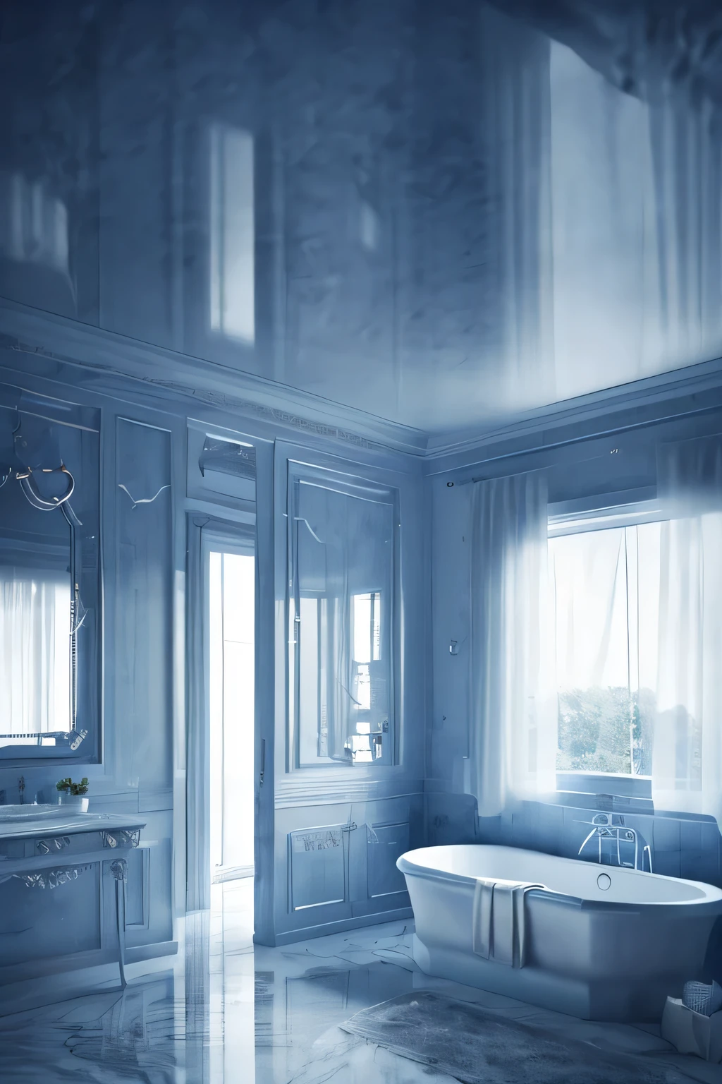 a white dreamy house, bathroom, retro, foggy, soft focus, year of 1995, cool lighting, muted pastel colors, glowing atmosphere, dramatic shadows, cinematic composition, dream-like quality, ethereal, romantic, soft focus photography, dark blue hour, midnight, windy, marble, silver and mirrors