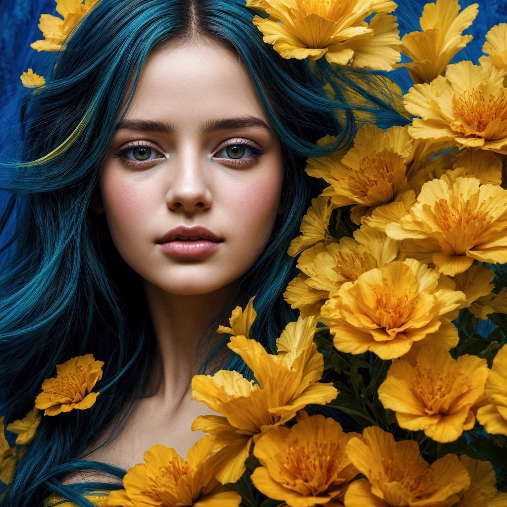 Women, captivating face of a young maiden immersed in yellow splendor. A neo-expressionist palette infuses her ethereal form with vivid smoky blue impasto brushstrokes, capturing both her serenity and the vibrant allure of her verdant sanctuary.