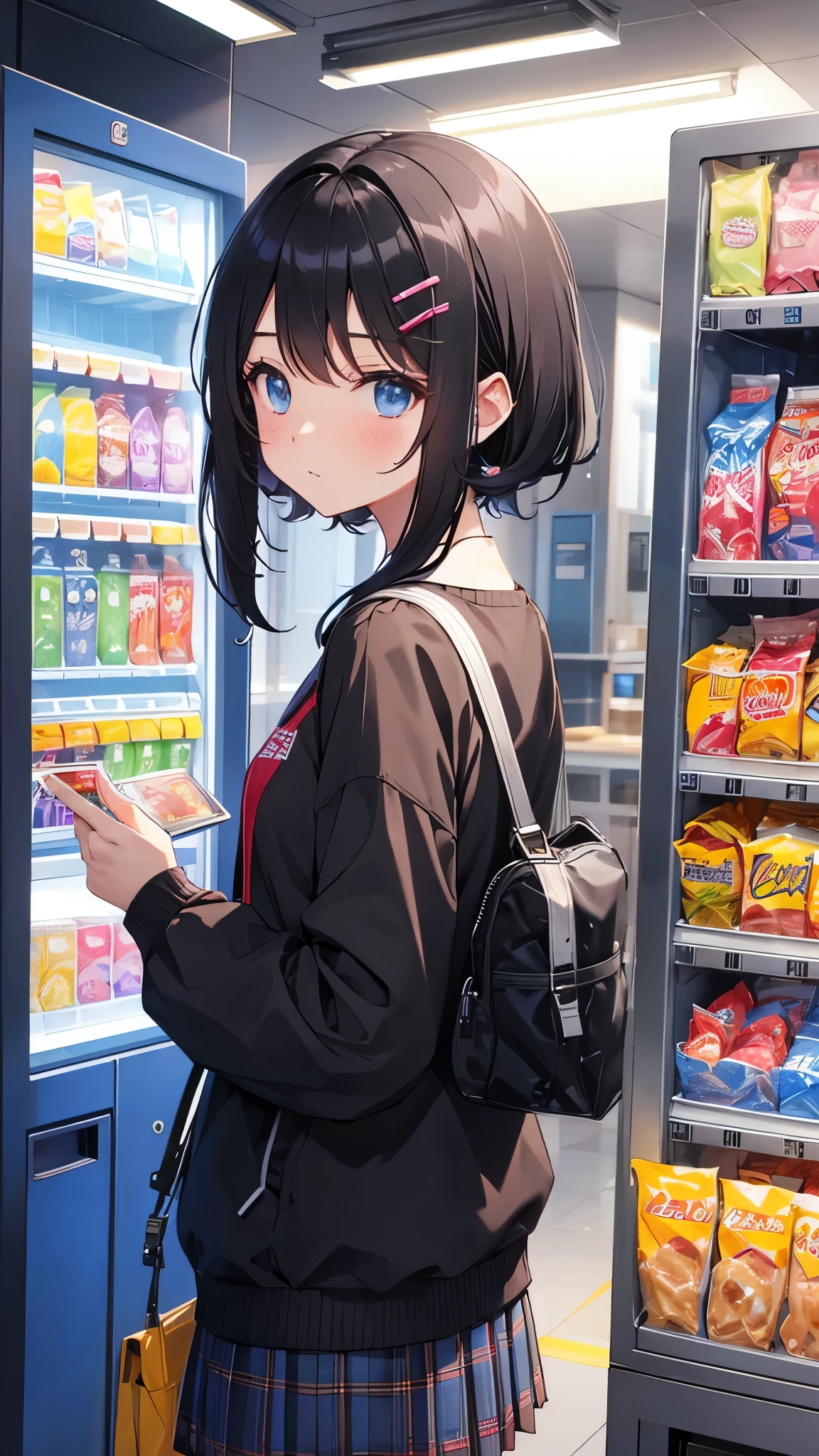 In front of the vending machine、high school girl、Bob Hair、hairpin、High resolution, One person, masterpiece, Highest quality, Black Hair, Character profile,