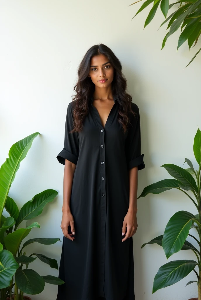 A cute 20 years old indian girl , photoshoot, rough dry face skin , sexy and hot , indian black kurta dress , full body view , white wall background with green plants