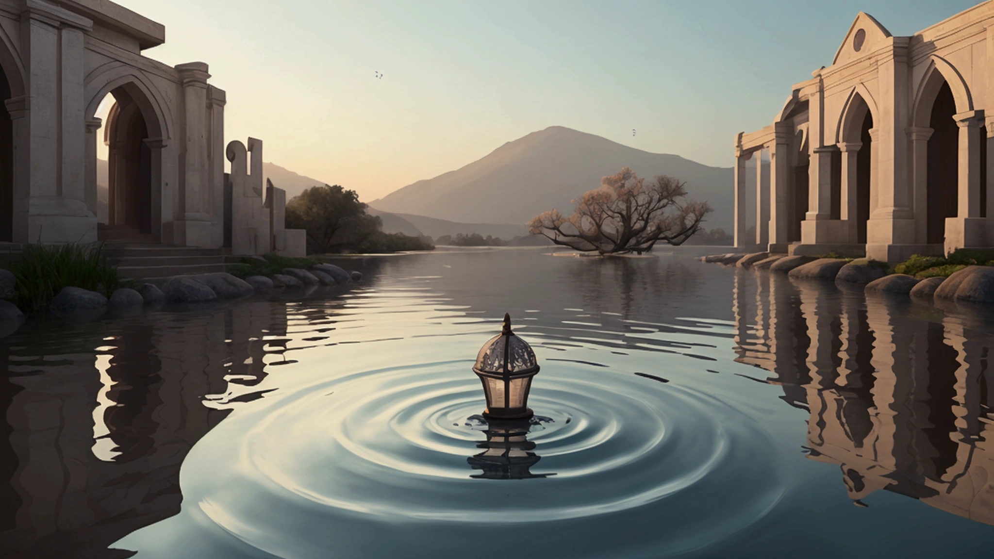 "Description: Create a symbolic representation of the impact that the discovery of lost books has on modern faith and scholarship. The visual should illustrate the ripple effect these texts have caused in religious and academic circles. Details: The scene depicts a calm, reflective lake with a single stone dropping into the water, creating ripples that expand outward. Each ripple represents different aspects of modern speculation and theories about the lost books. Along the shore, scholars and theologians of various backgrounds study the ripples, with some looking thoughtfully at the water and others engaged in lively discussion. The sky above transitions from dawn to dusk, symbolizing the ongoing nature of the quest for understanding. The colors are soft and serene, with blues and purples dominating, creating an atmosphere of contemplation and discovery."