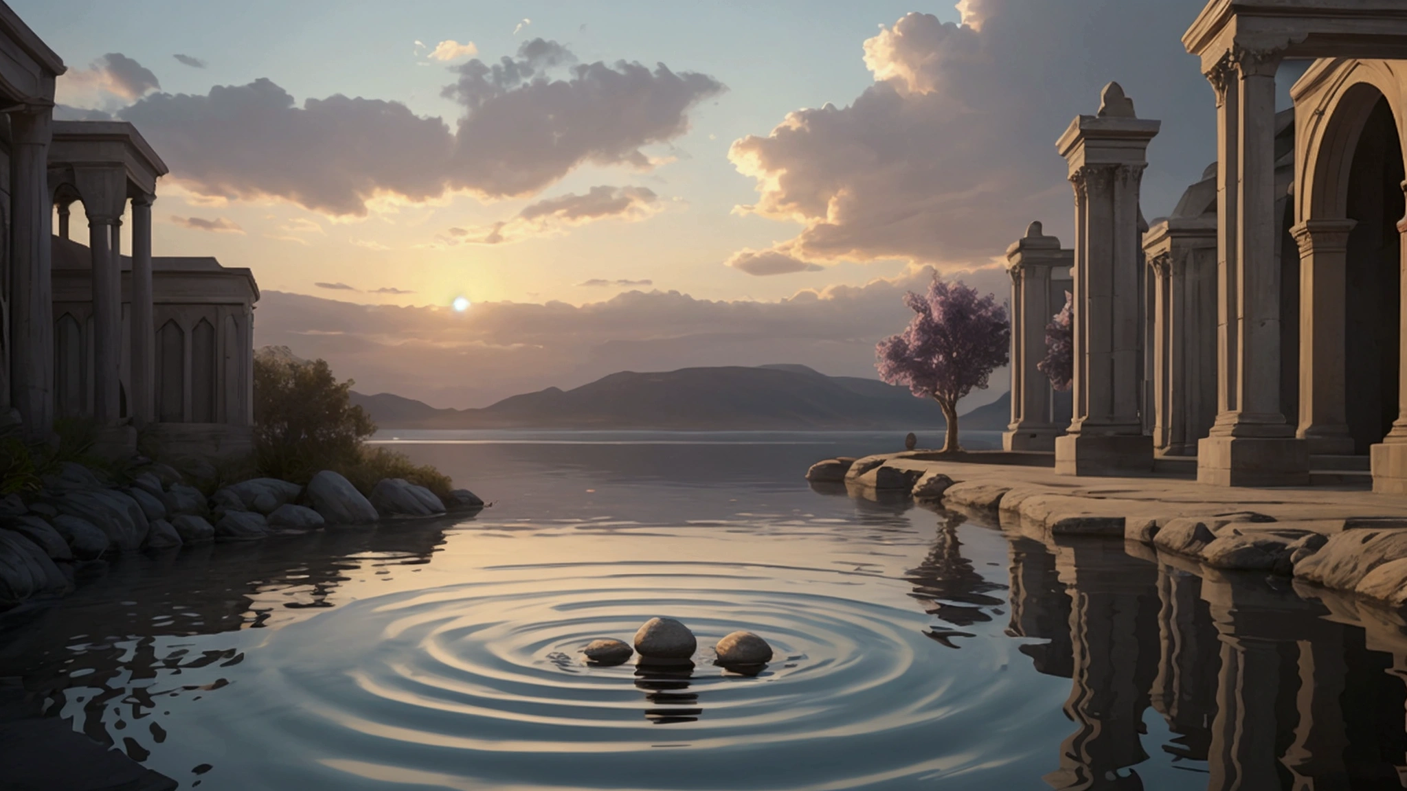 "Description: Create a symbolic representation of the impact that the discovery of lost books has on modern faith and scholarship. The visual should illustrate the ripple effect these texts have caused in religious and academic circles. Details: The scene depicts a calm, reflective lake with a single stone dropping into the water, creating ripples that expand outward. Each ripple represents different aspects of modern speculation and theories about the lost books. Along the shore, scholars and theologians of various backgrounds study the ripples, with some looking thoughtfully at the water and others engaged in lively discussion. The sky above transitions from dawn to dusk, symbolizing the ongoing nature of the quest for understanding. The colors are soft and serene, with blues and purples dominating, creating an atmosphere of contemplation and discovery."
