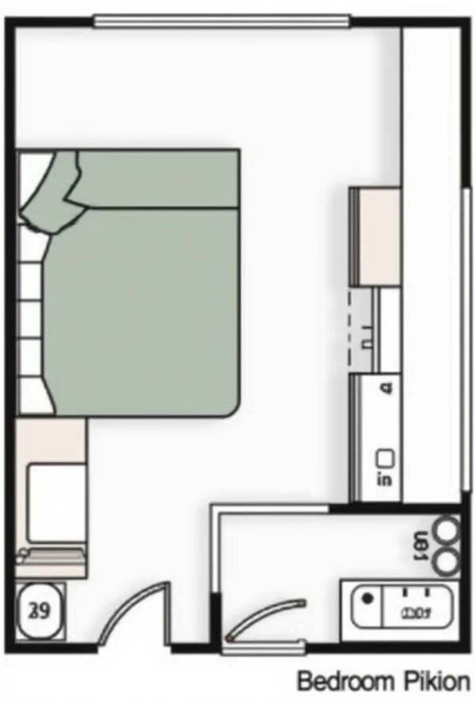 Create a bedroom plan for furniture layout like bed,wardrobe,table study and etc. The bedroom is 8×10ft size. Show it in planwork. Tell the furniture size in detail (vm or ft)
