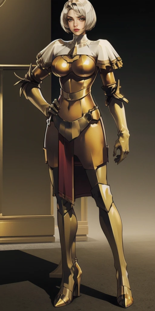 masterpiece, best quality, high quality, pale white short bob haircut, red eyes, golden ornaments (1solofemale full body standing straight symmetrical, hands on hips)