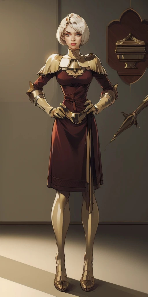 masterpiece, best quality, high quality, pale white short bob haircut, red eyes, golden ornaments (olofemale full body standing straight symmetrical, hands on hips)