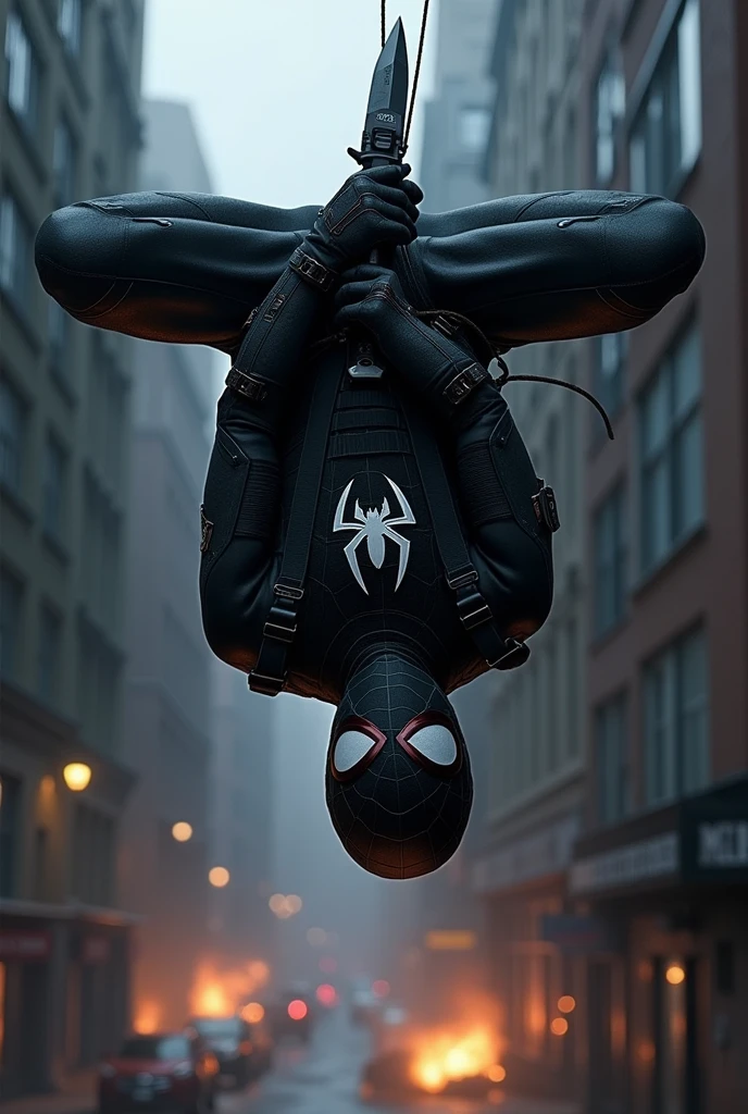 Spiderman as a call of duty operator holding a knife and hanging upside down from spider web