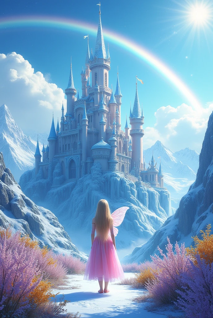 There is a castle in the ice land surrounded by ice mountains, the castle is beautifully decorated,in front of the castle there are flower garden between the garders there is a road of flower leads to the castle,the sky is clear with white clouds and a rainbow, a young adult fairy is standing wearing a light pink dress with pure diamond colour long hair, focus the castle, picture is taken from the front