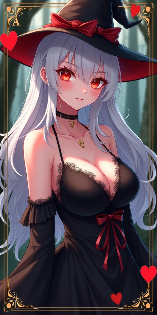 (best quality, ultra-detailed, photorealistic: 1.39), bright and vibrant colors, studio lighting, romantic expression, An effeminate girl, with a delicate and beautiful face. a card game card, "A" card of hearts, with golden edges on the card, a beautiful witch with fanciful clothes, sexy black dress, she has big round breasts, evil sexy smile, sparkling red eyes, white hair, forest background, she is in love, anime style, Anime Bishoujo