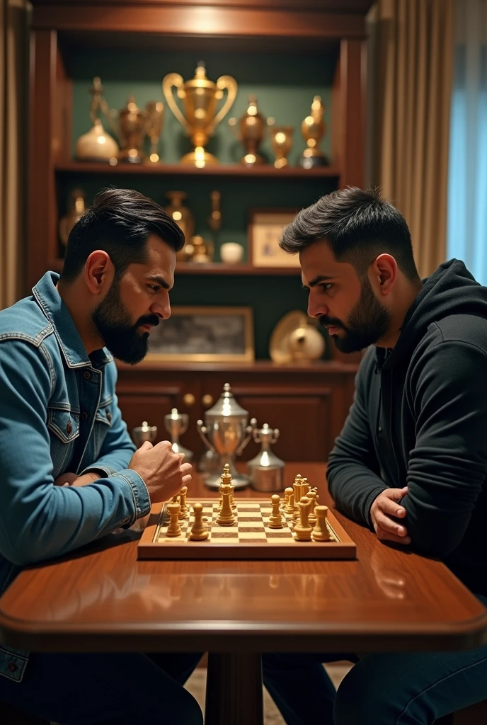 MS Dhoni and Virat Kohli playing chess (realistic)