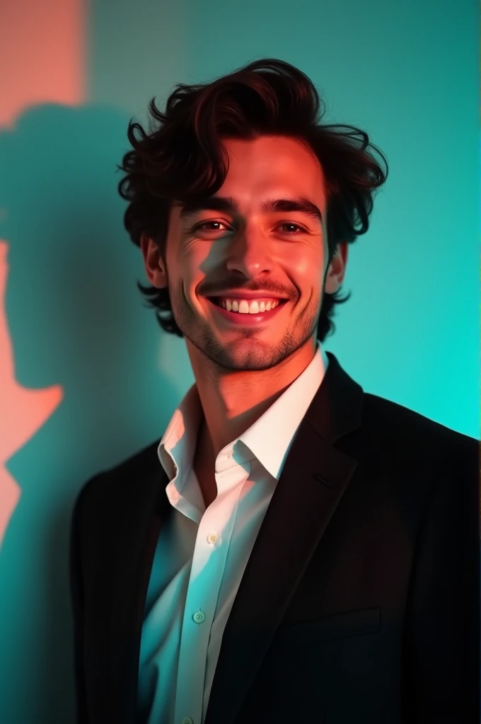 A young man with dark hair and a confident smile. He is dressed in a black blazer over a white shirt. The man is positioned against aaqua colour backdrop whith a subtle red lighting on the left side. And he posing for linkdln profile