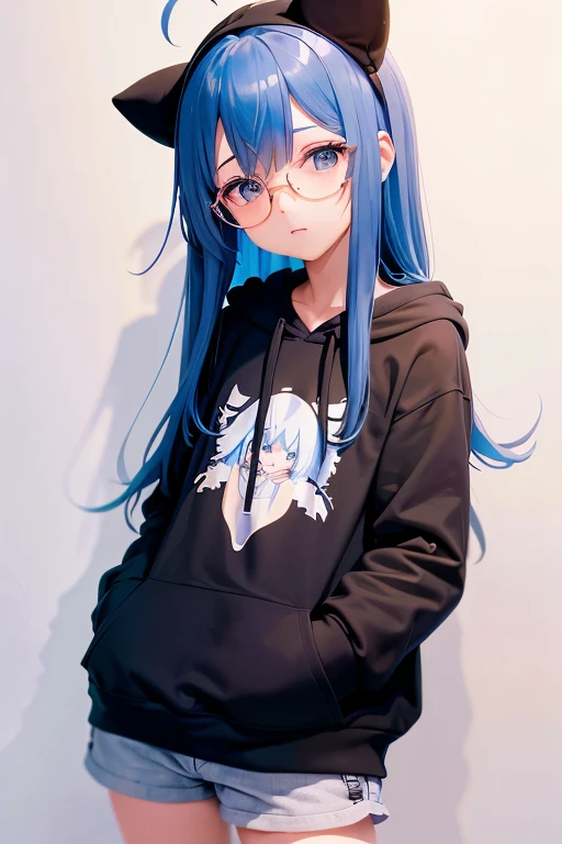 Angelic French doll, stocky, light colored hoodie, in short pants, blue hair ,messy long hair, anime, Wear glasses, asymmetrical bangs, masterpiece